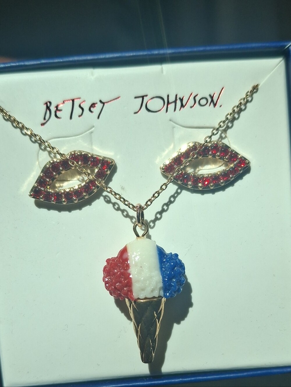Betsey Johnson Red White Blue Ice Cream Cone Neckalace & Lip Pendant Earrings